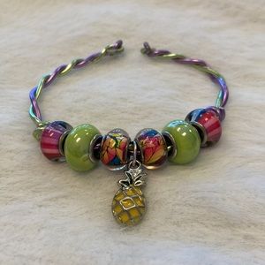 Artisan Pineapple Charm braided wire bracelet stainless steel glass beads